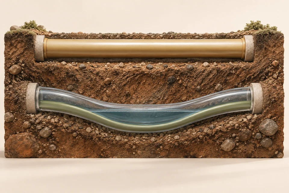 A cutaway sewer dips into a water-holding low point, with an inner lining following the same sag and a separate straight grade reference above.