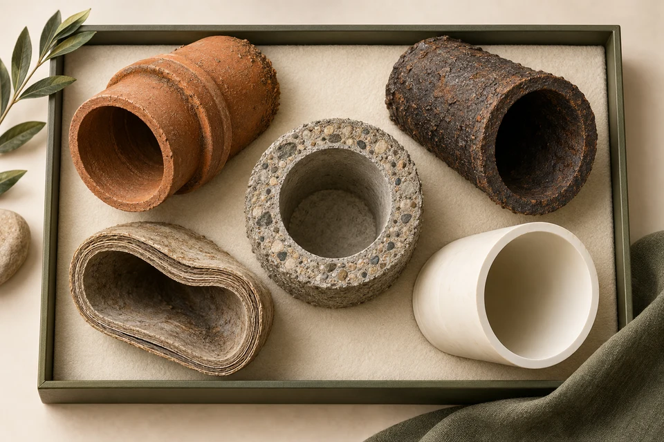 Five sewer material specimens sit on a cream tray, showing the different walls and bores of clay, cast iron, concrete, compressed fibre and plastic.