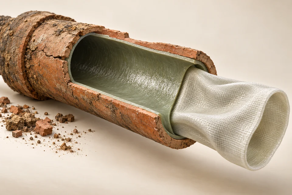 An opened clay host pipe reveals its inner cured lining, with a soft textile sleeve extending from one end in a close material study.