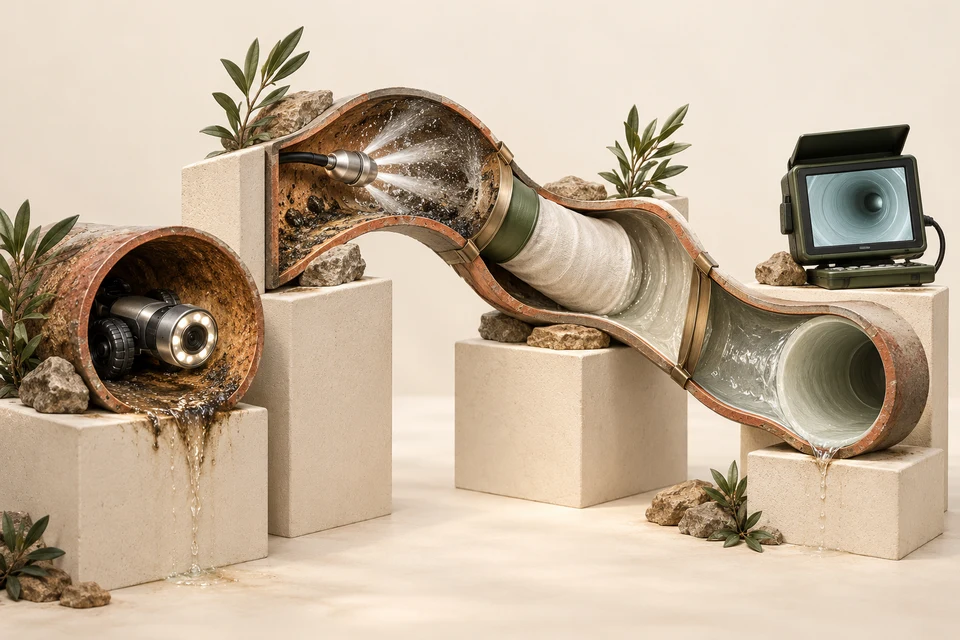 Four separate process stations display an inspection camera, cleaning nozzle, liner installation opening and final camera monitor, connected by a sculptural sewer route.