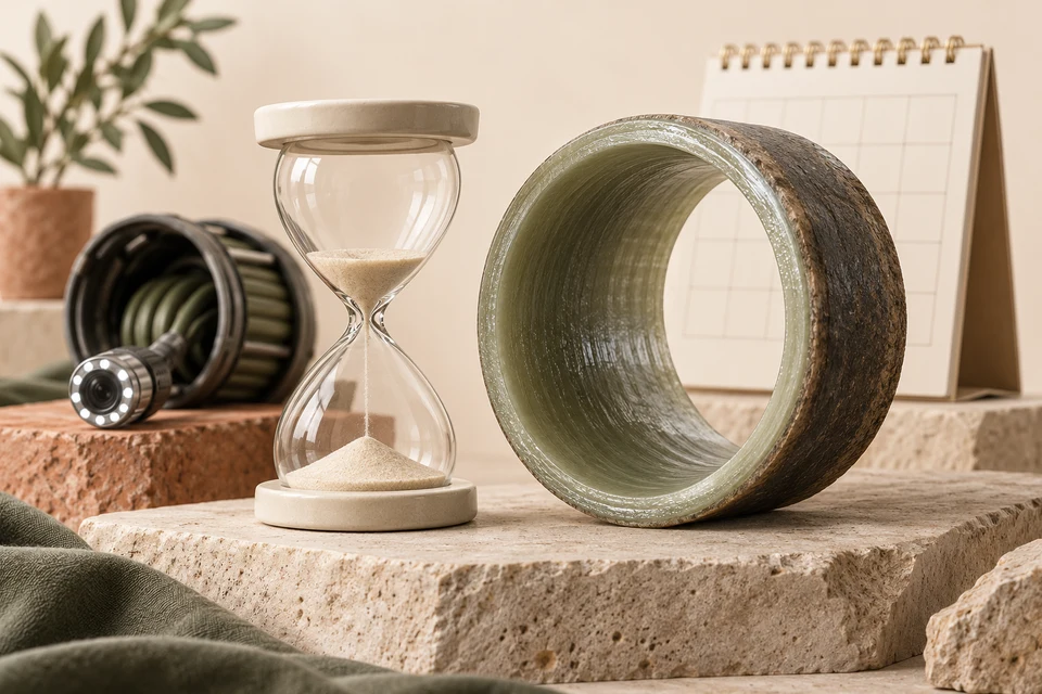 An hourglass stands beside a cured liner ring, inspection film and a blank calendar, illustrating repair timing and service-life questions without a stated guarantee.