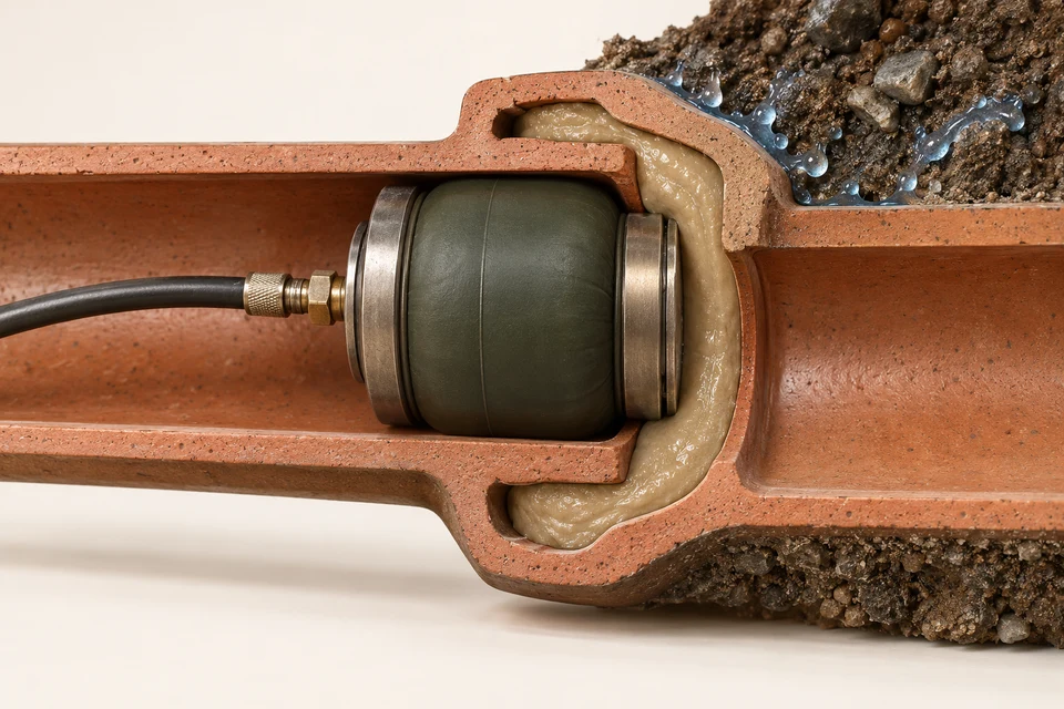 A clay bell-joint cutaway shows a packer inside the pipe and grout around the joint gap, illustrating a local seal rather than a continuous liner.