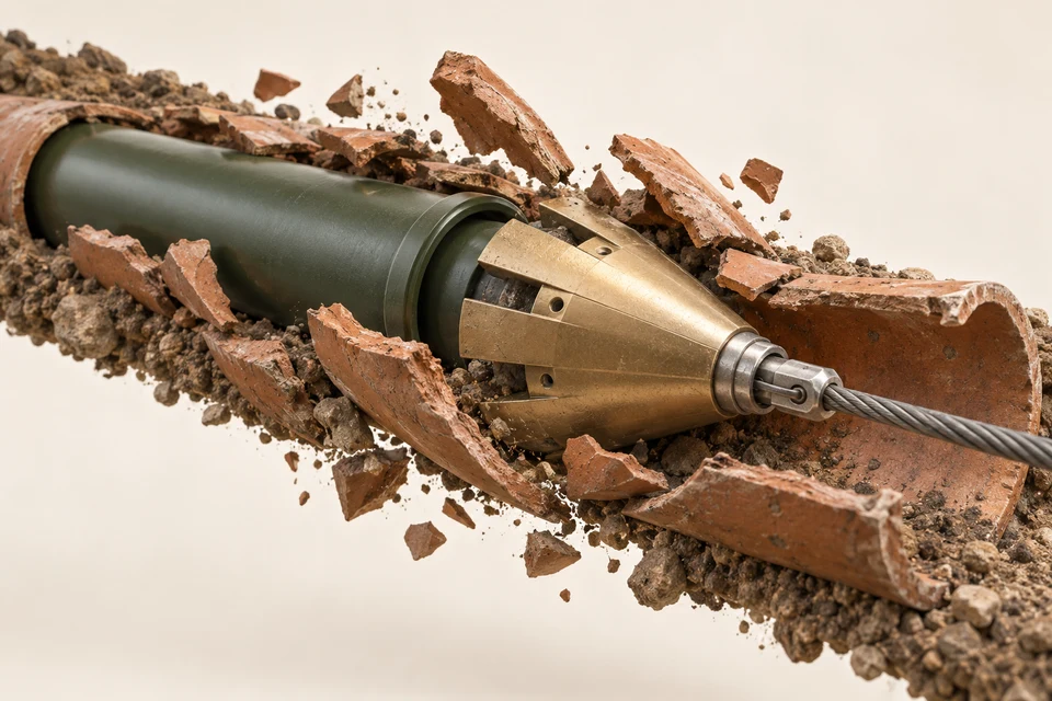 A widening metal cone fractures a clay host pipe while a smooth replacement pipe follows behind, with the pulling rod extending ahead of the cone.