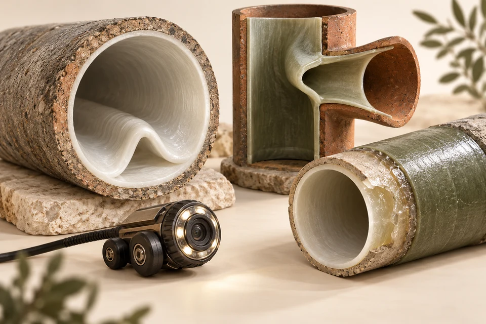 Three separate repair specimens show a lining wrinkle, an obscured branch opening and an incomplete end transition, with a small inspection lens beside them.