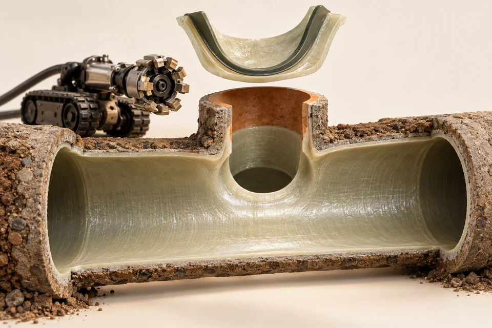 A branching pipe specimen shows a reopened connection through its inner liner, with a separate junction seal and small robotic cutter beside the opening.