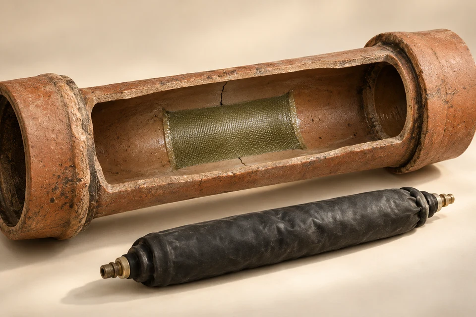A long clay pipe specimen highlights one localized crack and a short repair section, with a separate packer below and adjacent joints still visible.