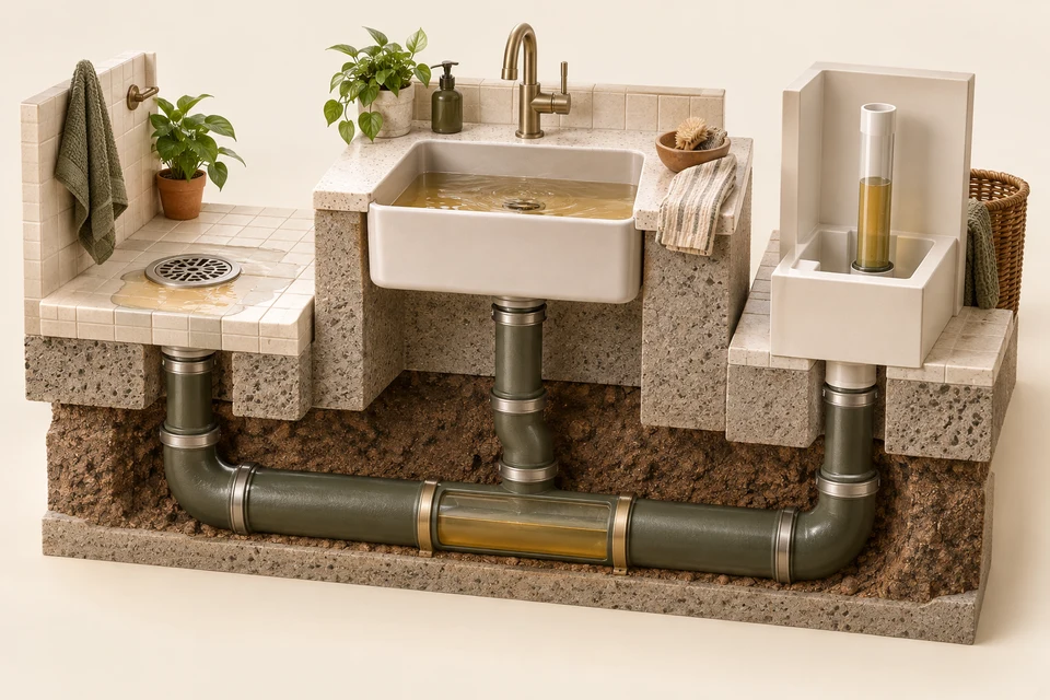 A sink, floor drain and laundry standpipe sit on separate ceramic blocks above a shared drain trunk, illustrating several affected fixtures as diagnostic clues.