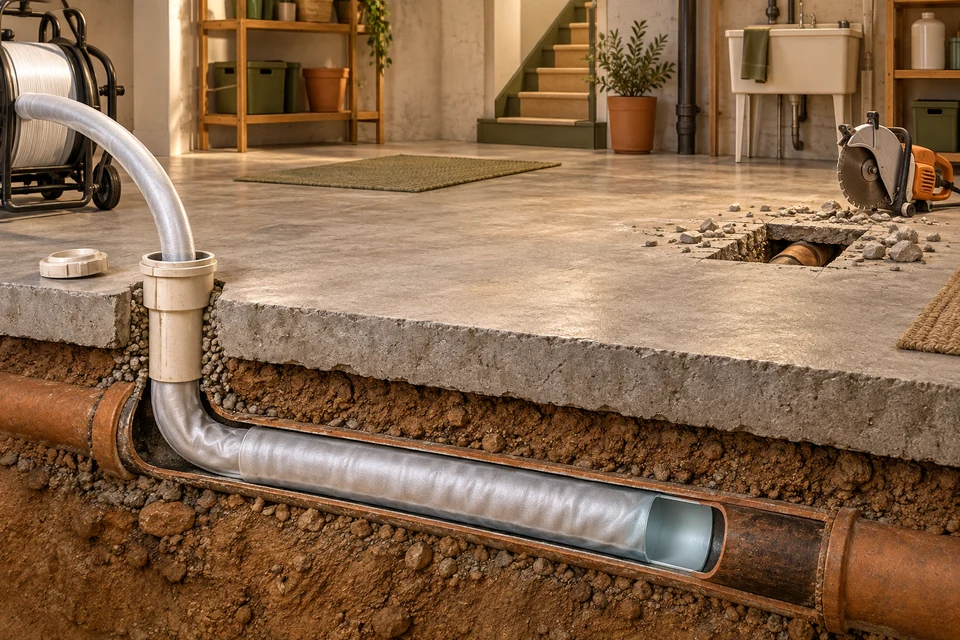 A basement-floor cutaway shows a drain below the slab, an accessible cleanout and a separate small floor opening, illustrating contrasting repair-access choices.