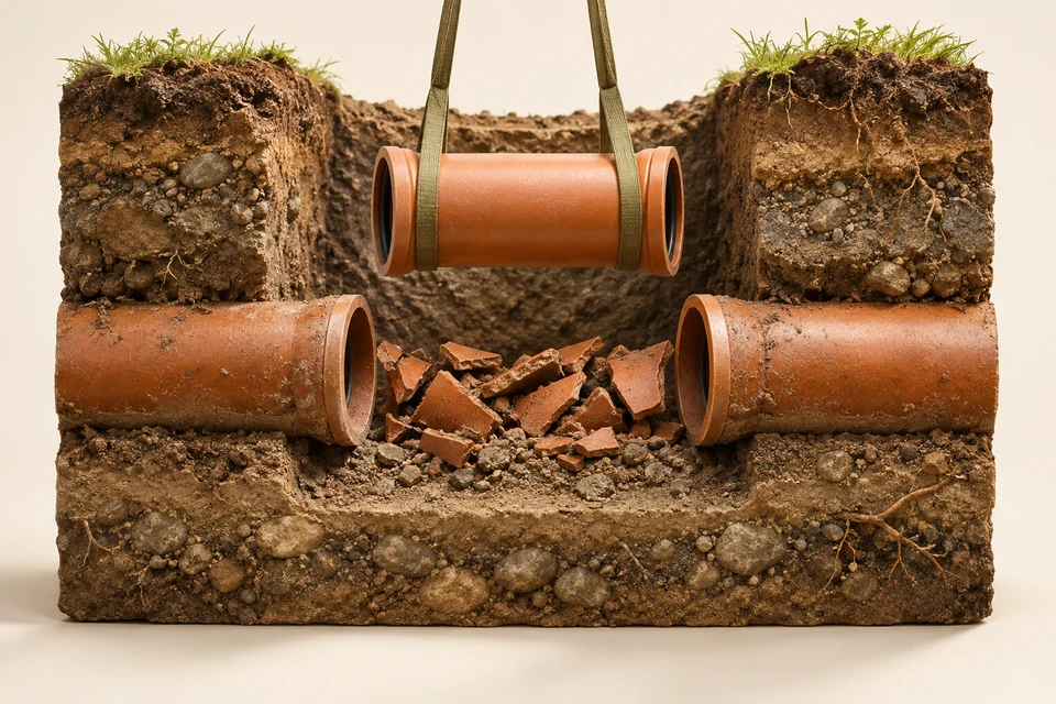 A small earth-core cutaway exposes one crushed clay sewer section between sound ends, with a replacement segment suspended above the localized opening.