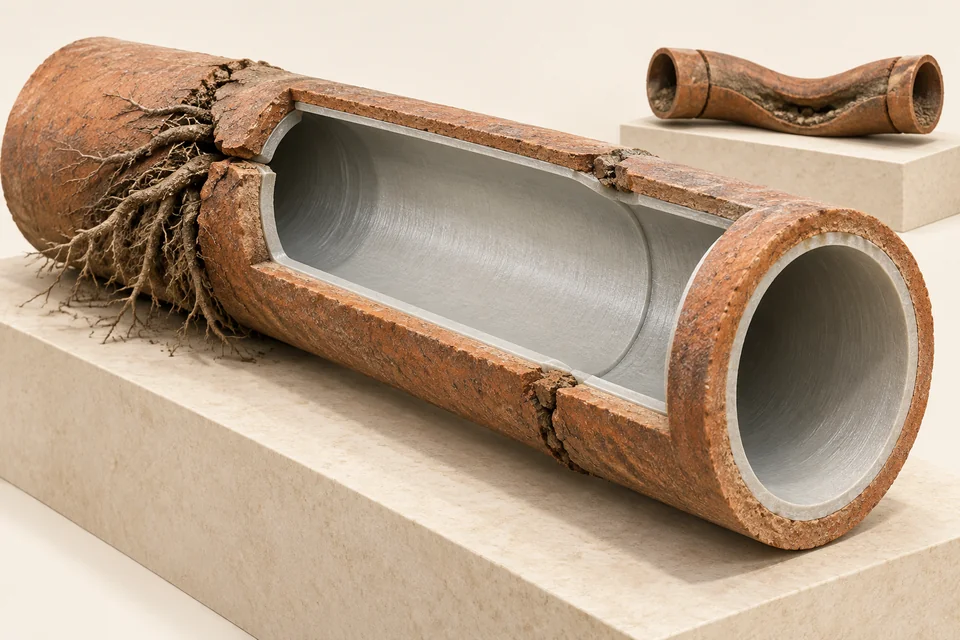 Conceptual clay sewer specimen with a liner across joint defects and a separate low-point profile