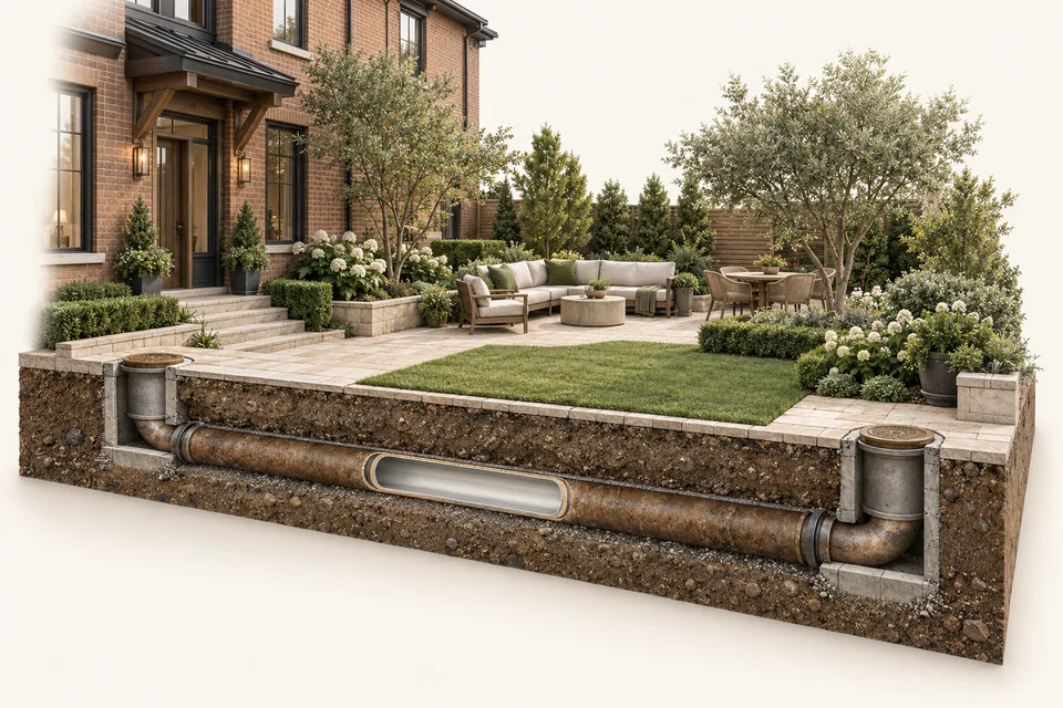 Architectural courtyard cutaway showing an internal sewer liner beneath retained paving and planting